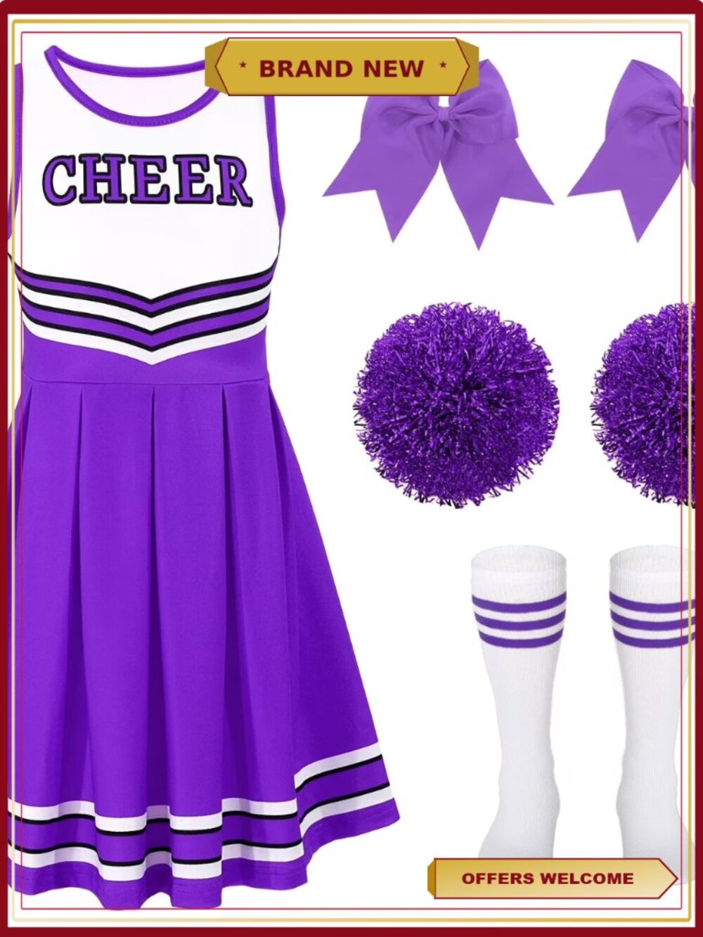 Girls Cheerleader Costume Set Sleeveless Dress Pom Poms Socks Halloween